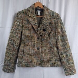 Jones New York Tweed Jacket Multi Color Floral Accent Button Front Women 8